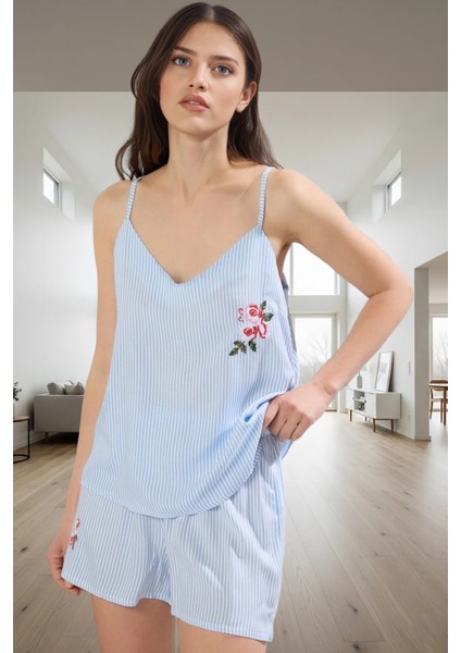 Viskon Pijama Takımı Çizgili V Yaka Nakış Detaylı Rahat Kalıp Modern Stil fiyatları