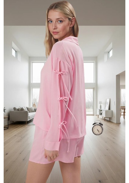 Rahat Viskon Pijama Takımı Bağlamalı Uzun Kollu Şortlu Homewear Kullanım modelleri