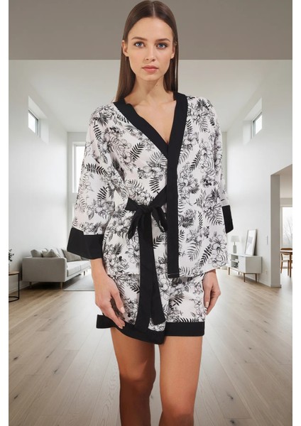 Yazlık 100% Viskon Rahat Pijama Takımı Çiçek Desenli V Yaka Truvakar Kol Kullanım