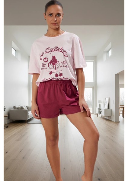 Yazlık %100 Pamuklu Pijama Takımı Kiraz Baskılı Şort ve Tişört Kaliteli Işçilik Şık Görünüm