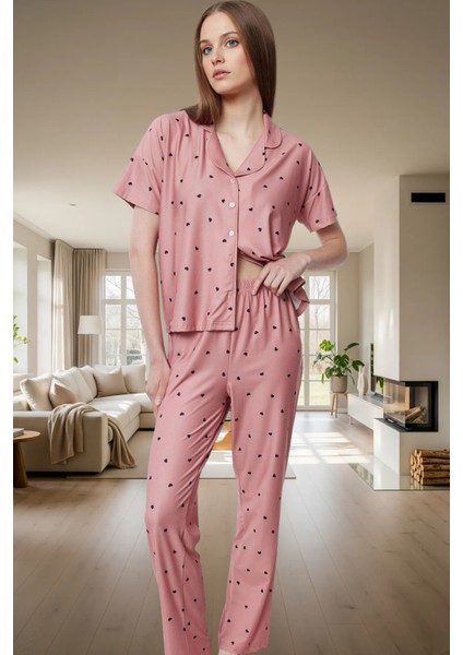 Kısa Kollu Uzun Paçalı Kalpli Pijama Takımı Ev Konforu Için Mükemmel Seçim fiyatları