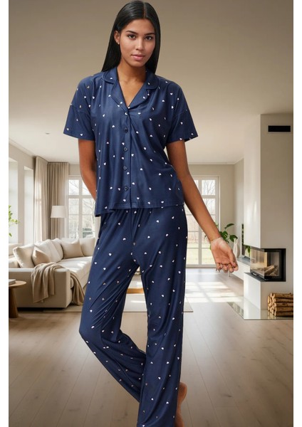 Kısa Kollu Uzun Paçalı Kalpli Pijama Takımı Ev Konforu Için Mükemmel Seçim