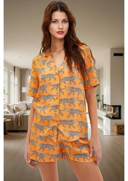 Yazlık Animal Desenli Pijama Takımı Shally Dokuma Viskoz Rahat Kalıp Dayanıklı Malzeme
