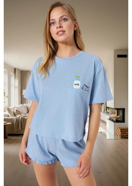 Baskılı Örme Pijama Takımı Fırfırlı Şort ve Rahat Tişört Yaz Için Ideal Kaliteli Işçilik fiyatları