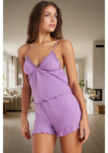 Ev Giyim Rahat Dokuma Saten Pijama Takımı Dantelli Şortlu Kaliteli Işçilik Günlük Kullanım Için