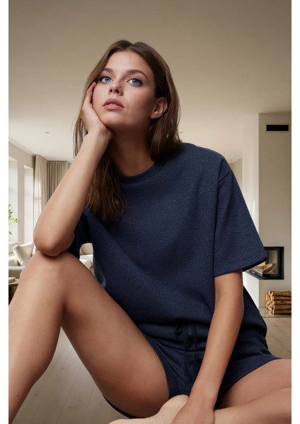 Yazlık Pijama Takımı Waffle Kumaş Örme Rahat Kalıp 2'li Mükemmel Uyum Konforlu Kesim