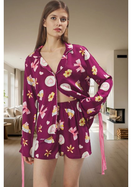 Rahat ve Şık Kadın Pijama Takımı Viskoz Şortlu Uzun Kollu Kullanım Ömürlü