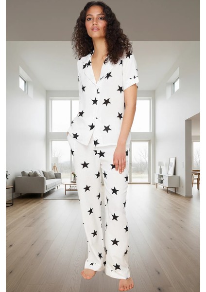 Rahat Viskoz Pijama Takımı Yıldız Desenli Shally Dokuma Geniş Paça Regular Kalıp fiyatları