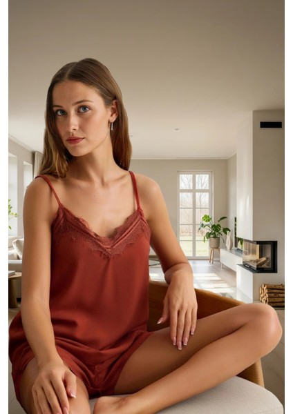 Rahat Yazlık Homewear Viskon Pijama Takımı Dantel Detay Ince Askılı Profesyonel Görünüm