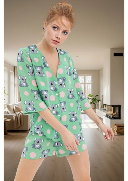 Yazlık Viskoz Pijama Takımı Koala Desenli Shally Dokuma Rahat Kalıp Premium Kalite Uzun Ömürlü