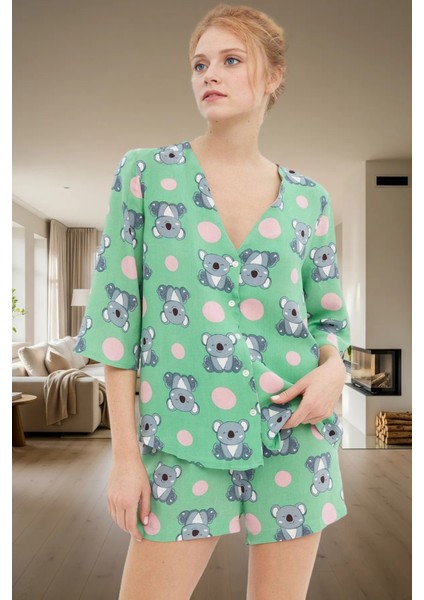 Yazlık Viskoz Pijama Takımı Koala Desenli Shally Dokuma Rahat Kalıp Premium Kalite Uzun Ömürlü modelleri