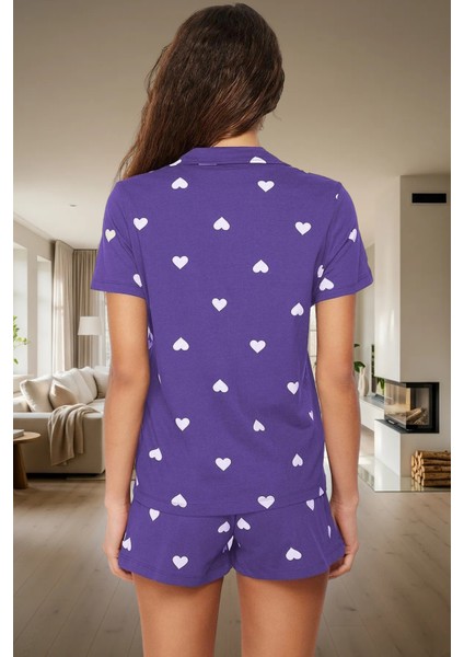 Kısa Kollu Pamuklu Pijama Takımı Kalpli Desenli Regular Kalıp Yazlık Ev Giyim Özenle Seçilmiş modelleri