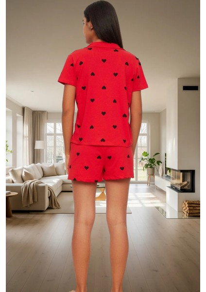 Kısa Kollu Pamuklu Pijama Takımı Kalpli Desenli Regular Kalıp Yazlık Ev Giyim Özenle Seçilmiş modelleri