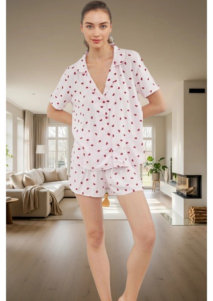 Şortlu Pijama Takımı Rahat Viskon Kumaş Kalpli Desenli Yazlık Dayanıklı Malzeme Trend Tasarım fiyatları