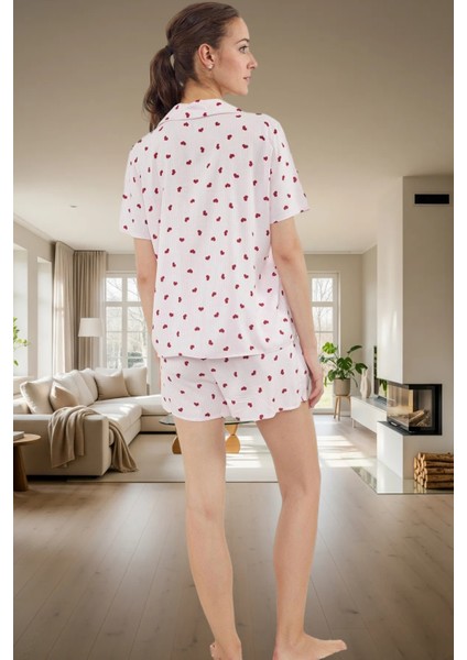 Şortlu Pijama Takımı Rahat Viskon Kumaş Kalpli Desenli Yazlık Dayanıklı Malzeme Trend Tasarım modelleri