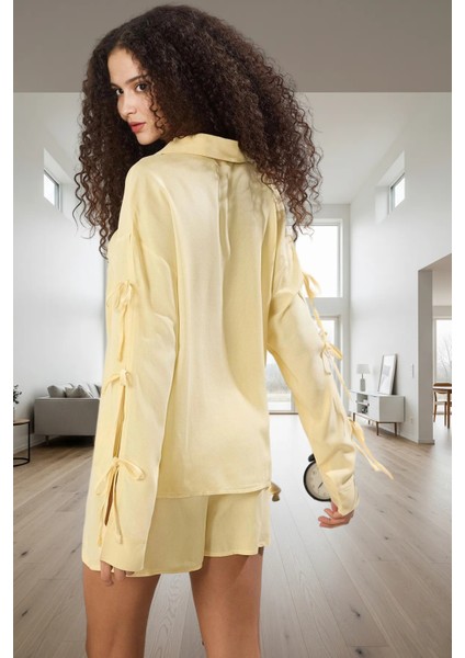 Rahat Viskon Pijama Takımı Bağlamalı Uzun Kollu Şortlu Homewear Kullanım