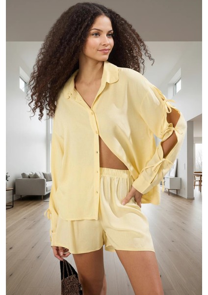 Rahat Viskon Pijama Takımı Bağlamalı Uzun Kollu Şortlu Homewear Kullanım fiyatları