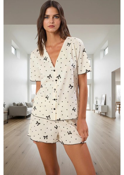 Rahat %100 Pamuklu Pijama Takımı Kurdele Fiyonklu Şortlu Örme Tasarım Özenle Seçilmiş fiyatları
