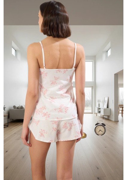 Rahat Ev Giyim Pijama Takımı %100 Pamuk Çiçek Desenli V Yaka Bağcıklı Trend Tasarım modelleri