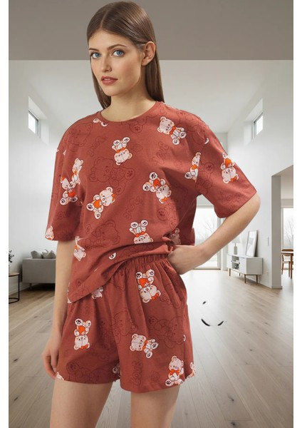 Yazlık %100 Pamuk Ayıcıklı Pijama Takımı Rahat Nefes Alan Boru Paça Şort Zarifane Tasarım