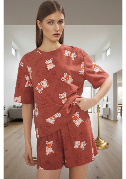 Yazlık %100 Pamuk Ayıcıklı Pijama Takımı Rahat Nefes Alan Boru Paça Şort Zarifane Tasarım fiyatları