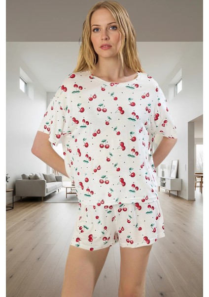 Viskon Süprem Örme Pijama Takımı; Kiraz Desenli Rahat Kalıp Uzun Ömürlü Mükemmel Uyum