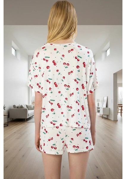 Viskon Süprem Örme Pijama Takımı; Kiraz Desenli Rahat Kalıp Uzun Ömürlü Mükemmel Uyum modelleri