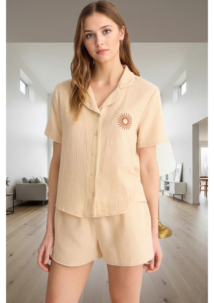 Regular Müslin Pijama Takımı Kısa Kollu Gömlek ve Şort Premium Kalite Zarifane Tasarım