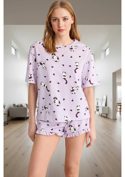 Yumuşak Pamuklu Kedi Desenli Fırfırlı Pijama Takımı Profesyonel Görünüm Şık fiyatları
