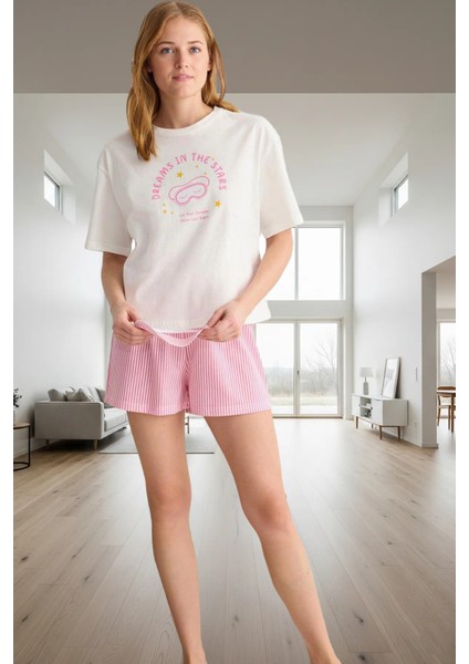 Rahat Pamuklu Pijama Takımı Çizgili Desenli Bisiklet Yaka Kısa Kollu Seçkin Malzeme