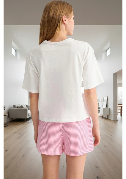 Rahat Pamuklu Pijama Takımı Çizgili Desenli Bisiklet Yaka Kısa Kollu Seçkin Malzeme modelleri
