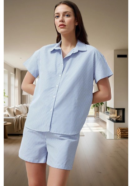 Yazlık Çizgili Pijama %50 Pamuk Rahat Şort ve Gömlek Özenle Seçilmiş modelleri