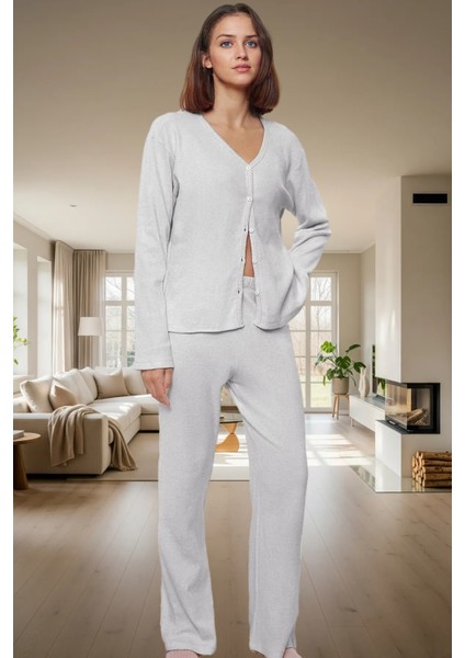 Kışlık 2'li Pijama Takımı Pamuk Karışımlı Hırka ve Pantolon Uzun Ömürlü Dayanıklı Malzeme