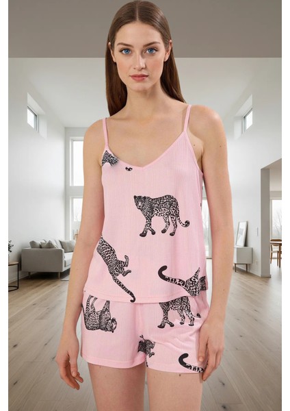 Rahat Kalıp Pijama Takımı Hayvan Desenli Örme Kumaş Boru Paça Zarifane Tasarım