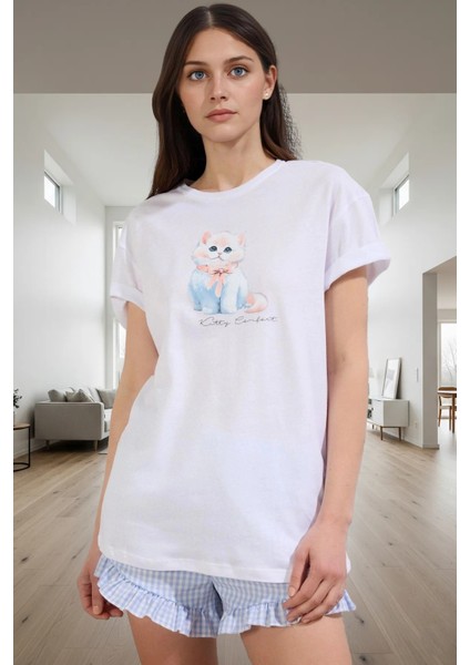 Yazlık Rahat %100 Pamuk Kedili Pijama Takımı Seçkin Malzeme Dayanıklı Mükemmel Uyum fiyatları