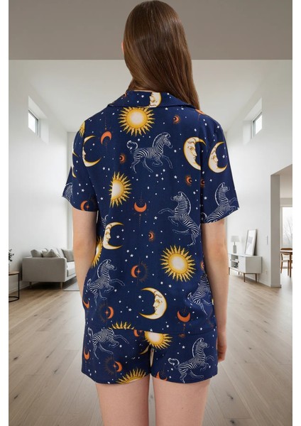 Yazlık Pijama Takımı Viskon Shally Dokuma Galaksi Desenli Rahat Kalıp Zarifane Tasarım modelleri