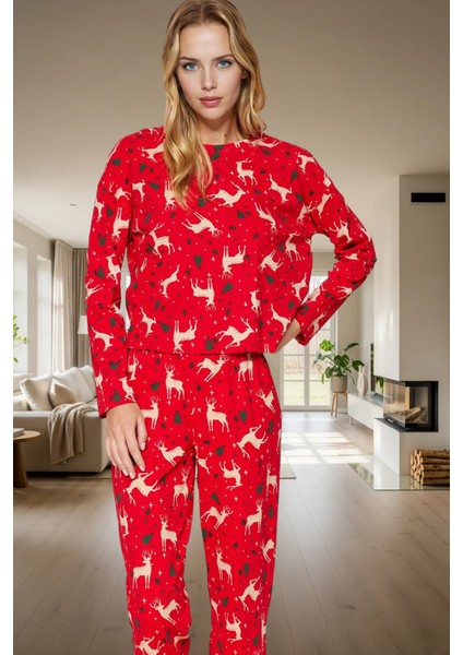 Yumuşak Pamuklu Örme Pijama Yılbaşı Temalı 2'li Set Uzun Paça Modern Stil Günlük Kullanım Için