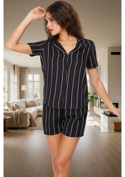 Nefes Alan Viskoz Pijama Takımı Çizgili Şort ve Gömlek Rahat Şık Dayanıklı Malzeme fiyatları