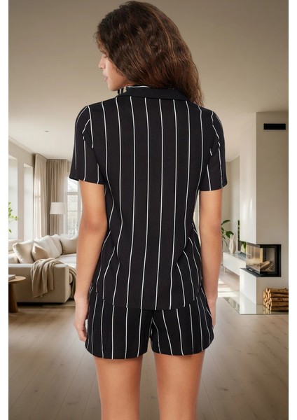 Nefes Alan Viskoz Pijama Takımı Çizgili Şort ve Gömlek Rahat Şık Dayanıklı Malzeme modelleri