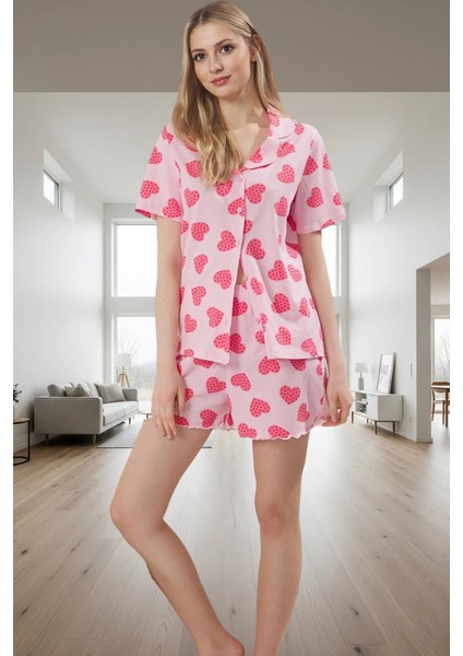 Yazlık Pamuk Pijama Kalp Desenli Şortlu Takım Rahat ve Nefes Alabilir Uzun Ömürlü