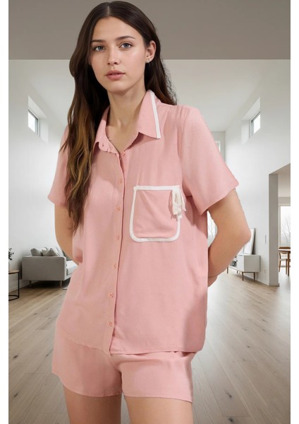 Şortlu Pijama Takımı %100 Viskoz Regular Gömlek Yaka Yazlık Ev Giyim Konforlu Kesim