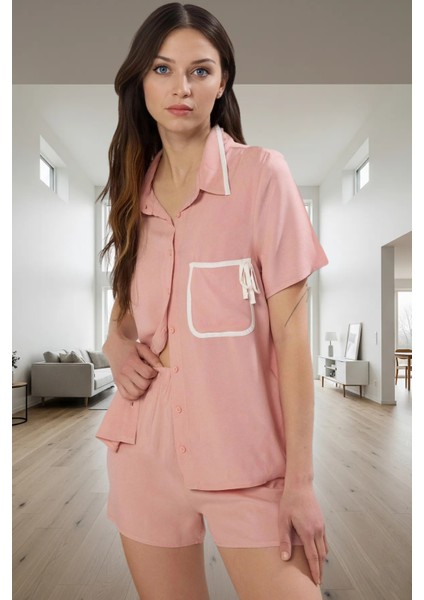 Şortlu Pijama Takımı %100 Viskoz Regular Gömlek Yaka Yazlık Ev Giyim Konforlu Kesim fiyatları