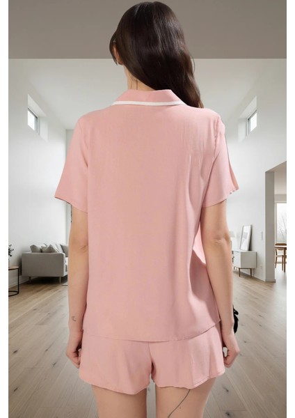 Şortlu Pijama Takımı %100 Viskoz Regular Gömlek Yaka Yazlık Ev Giyim Konforlu Kesim modelleri