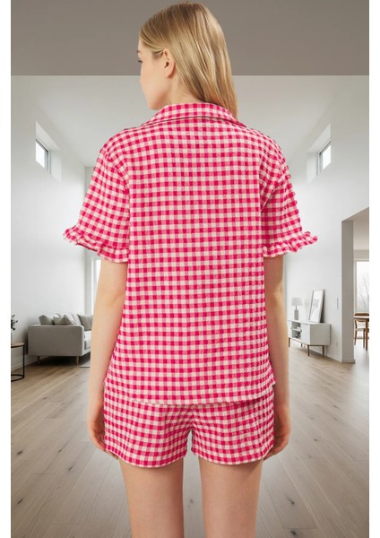 Yazlık Homewear Dokuma Pijama Takımı Ekoseli Şortlu Gömlek Dayanıklı Malzeme modelleri