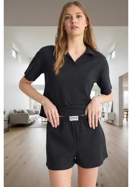 Aksesuarlı Pijama Takımı Pamuklu Waffle Kumaş Regular Fit Boru Paça Şort Yaz Için Ideal