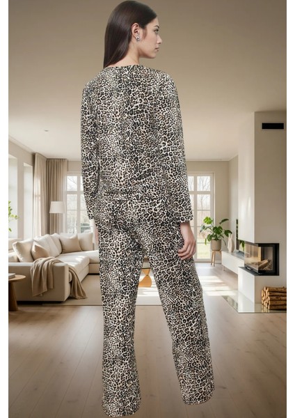 95 Pamuk 5 Elastan Örme Kumaştan Leopar Desenli Pijama Takımı Kış Mevsimi Için Ideal modelleri