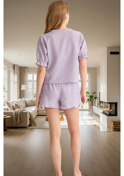 Nefes Alan Gofre Dokuma Pijama Takımı Ekose Şortlu V Yaka Günlük Kullanım Için modelleri