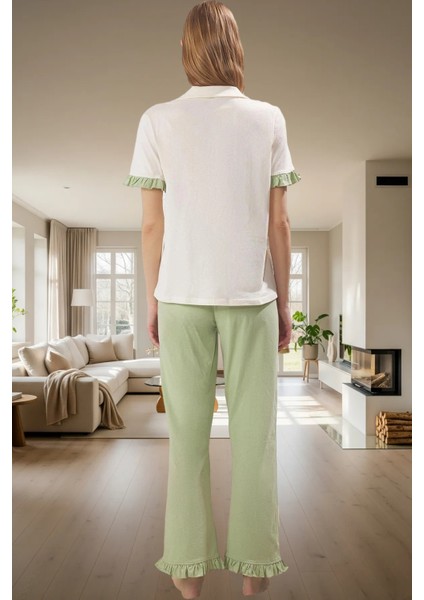 Rahat %100 Pamuklu Leopar Pijama Takımı Kısa Kollu Gömlek ve Boru Paça Pantolon Zarifane Tasarım modelleri