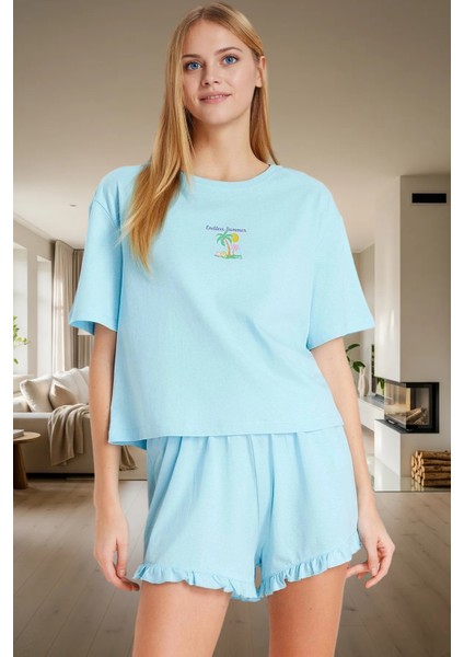 Baskılı Fırfırlı Detaylı Pamuklu Pijama Takımı Günlük Kullanım Için Premium Kalite