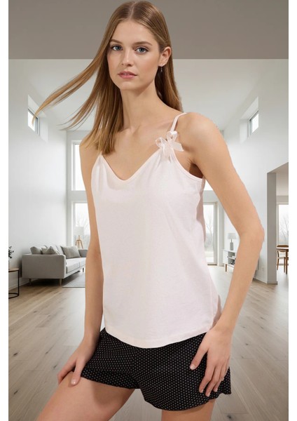 Şortlu Pijama Takımı Örme Viskoz Kumaş Puantiyeli Rahat Kalıp Yaz Için Ideal Kullanım